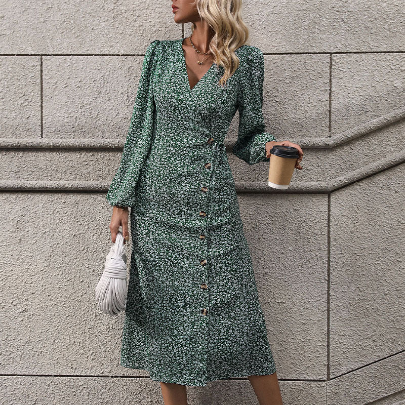 Damen Florales Wickel-Midikleid mit asymmetrischer Knopfleiste und geraffter Taille Drune