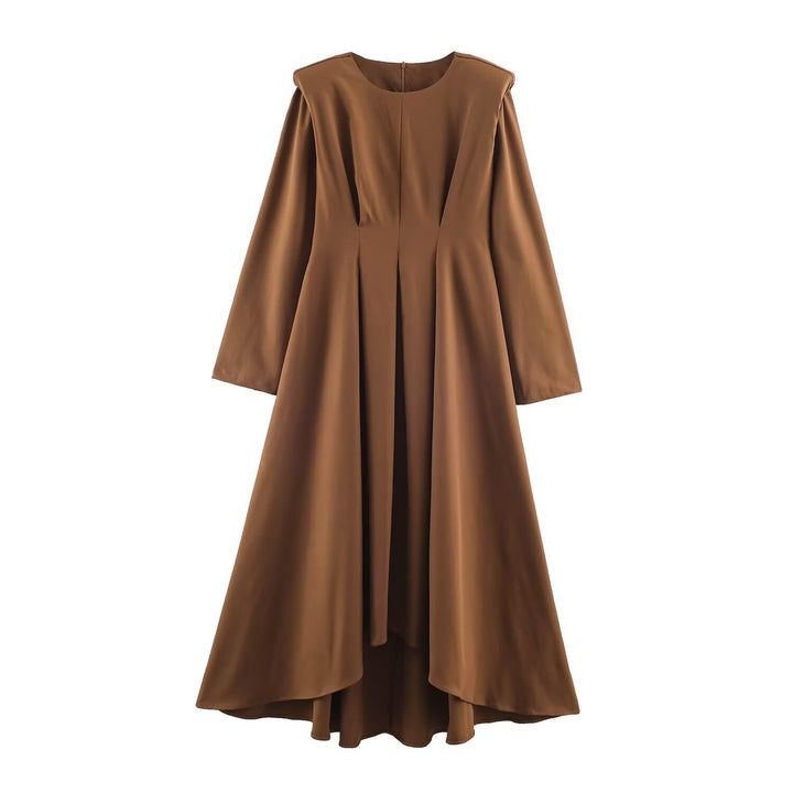 Damen A-Linien Midikleid mit High-Low-Saum, geraffter Taille und langen Ärmeln Drune