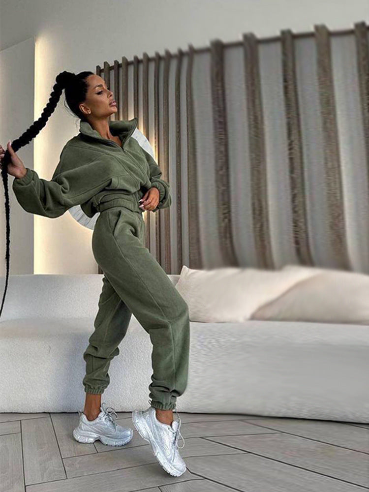 Damen kurzes Reißverschluss-Hoodie mit elastischem Bund und schmal zulaufender High-Waist-Jogginghose aus schwerem French-Terry Drune
