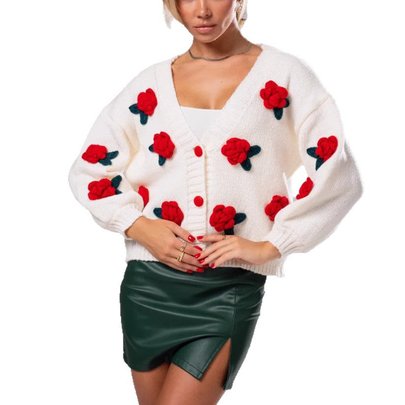Damen Geblümter Strick-Cardigan mit 3D-Blumenapplikationen und V-Ausschnitt Drune