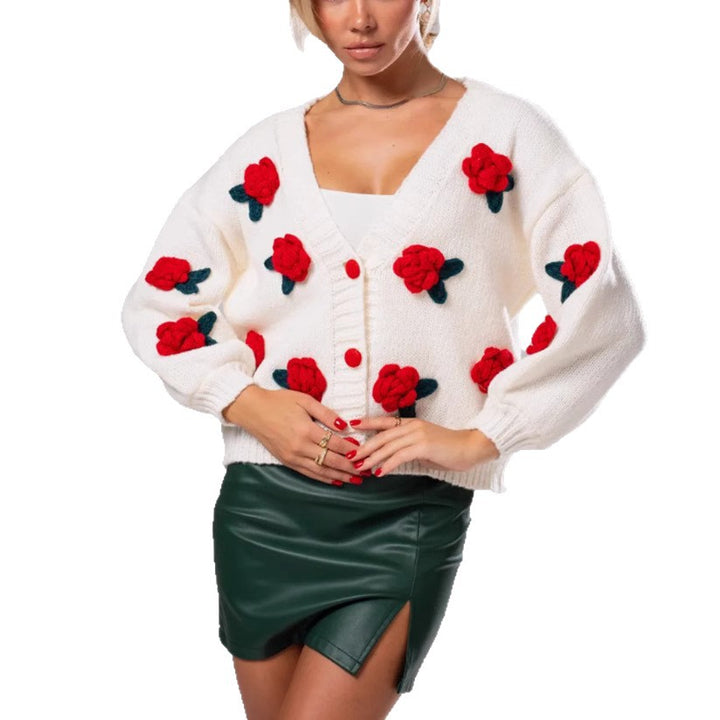 Damen Geblümter Strick-Cardigan mit 3D-Blumenapplikationen und V-Ausschnitt Drune