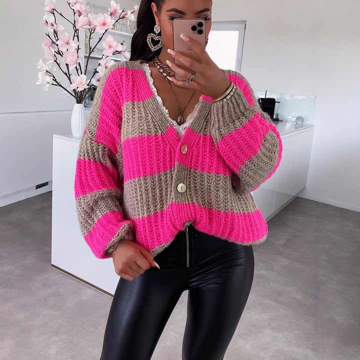Damen gestreifte Strickjacke mit Knopfdetails und oversized Schnitt Drune