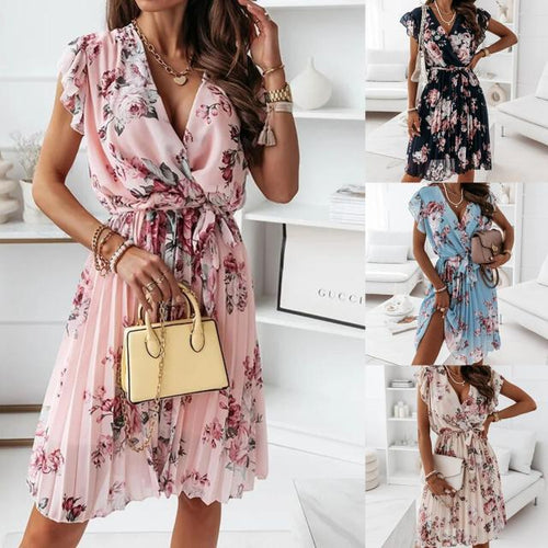 Damen Wickelkleid mit floralen Rüschendetails und taillierbarem Gürtel Drune