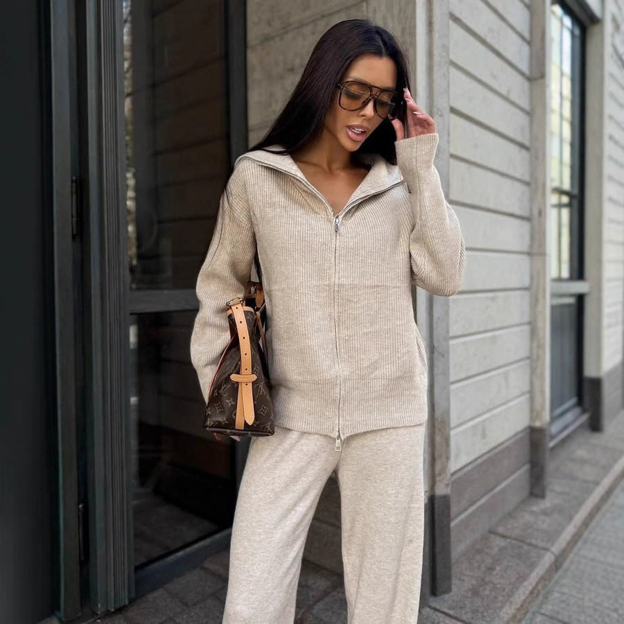 Damen Feinstrick-Loungewear-Set mit Zwei-Wege-Reißverschluss und weitem Umlegekragen Drune