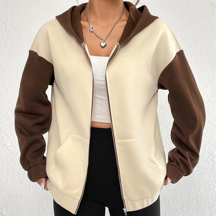 Damen lässige Sweatjacke mit kontrastierenden Ärmeln und Kapuze Drune