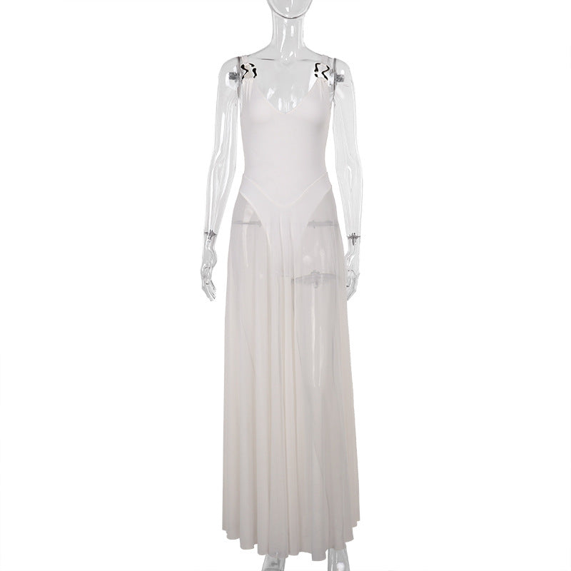 Damen Stilvolles Maxikleid mit transparentem Rock und elegantem V-Ausschnitt Drune