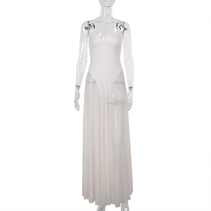 Damen Stilvolles Maxikleid mit transparentem Rock und elegantem V-Ausschnitt Drune