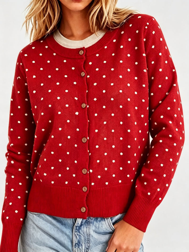 Damen Gepunktete Feinstrick-Cardigan mit Rundhals und Rippbündchen Drune