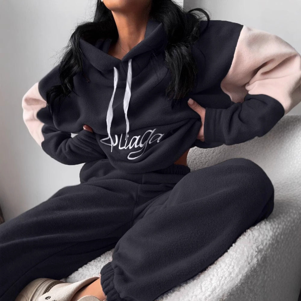 Damen kuscheliges Hoodie-Set mit kontrastärmel, elastischer High-Waist-Jogginghose und überschnittener Kapuze Drune