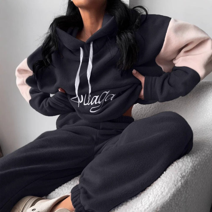 Damen kuscheliges Hoodie-Set mit kontrastärmel, elastischer High-Waist-Jogginghose und überschnittener Kapuze Drune