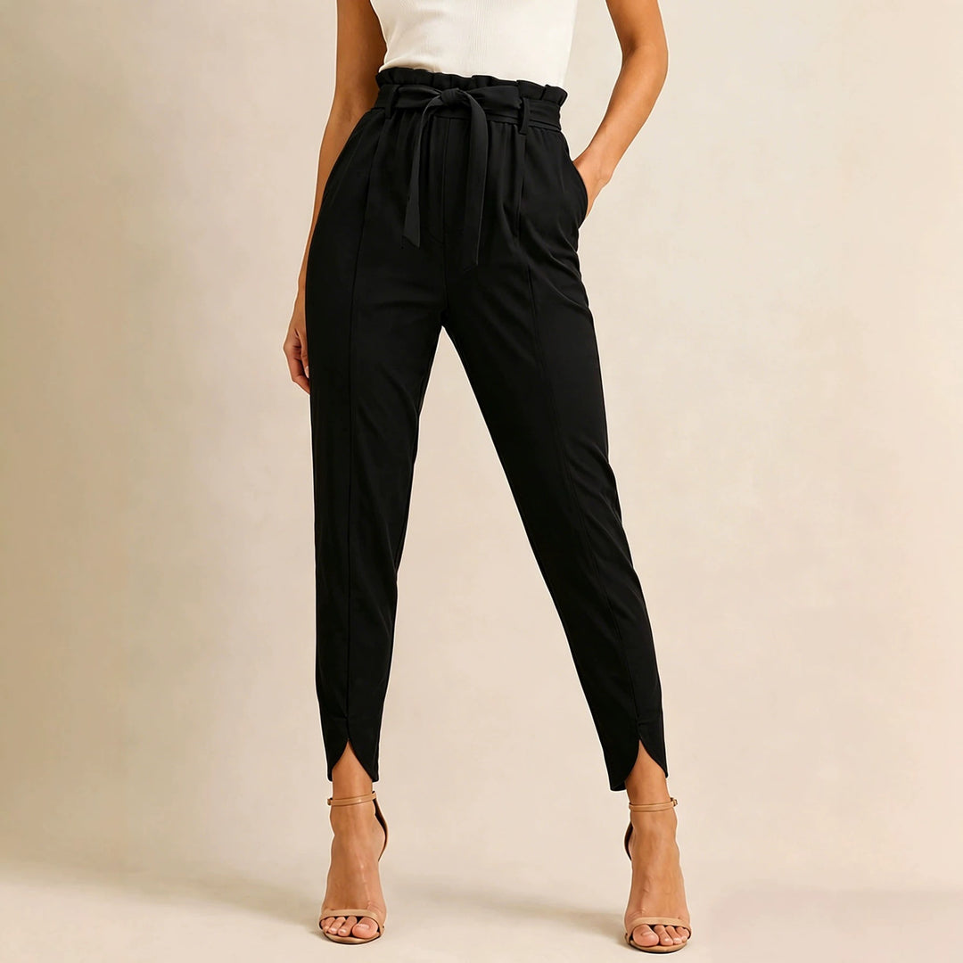 Damen nan hoch taillierte Paperbag-Hose mit Bindegürtel und geschlitztem Knöchelabschluss Drune