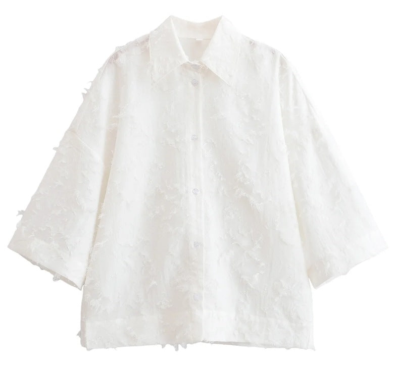 Damen 300+ oversized strukturierte Bluse mit Fransenoptik und dreiviertelärmeln Drune