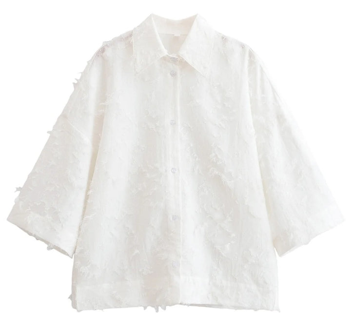 Damen 300+ oversized strukturierte Bluse mit Fransenoptik und dreiviertelärmeln Drune
