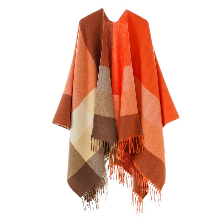 Damen Wickel-Cape aus Wollmix mit Karomuster und Fransen Drune
