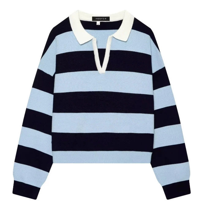Damen Cropped Rugby-Strickpullover mit Kentkragen und V‑Ausschnitt Drune