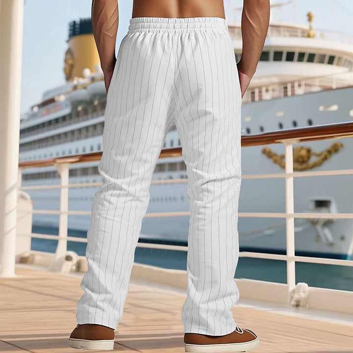 Herren Maritime Leinenoptik-Freizeithose mit Nadelstreifen elastischem Bund und seitlichen Eingrifftaschen Drune