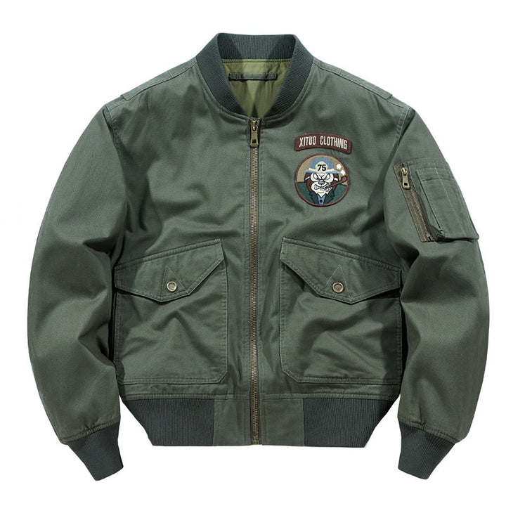 Herren Kurzgeschnittener Piloten-Bomber mit Utility-Taschen und gestickten Patches Drune