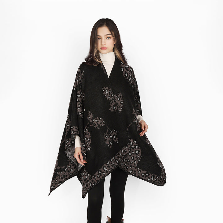 Damen Wolloptik-Überwurf mit gewebtem Leopard-Jacquard und offenem Zipfelrand Drune
