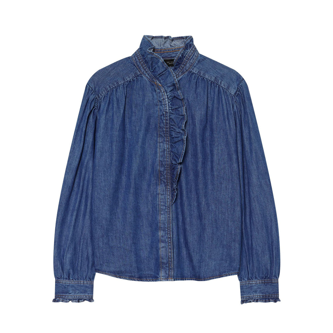 Damen Denimbluse mit Rüschenstehkragen, Ballonärmeln und geraffter Schulter Drune