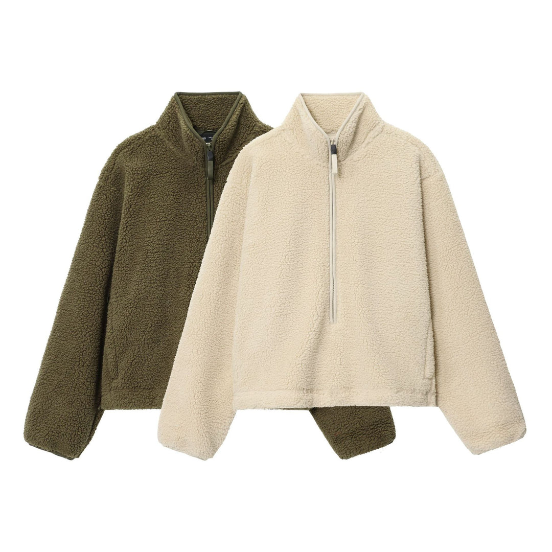 Damen nan kuscheliger Teddy-Fleece Half-Zip Pullover mit Känguru-Tasche Drune