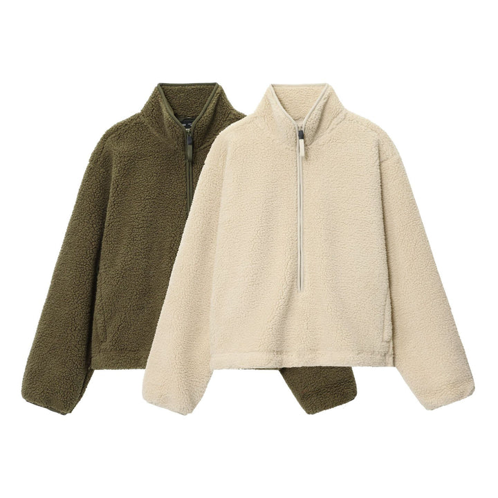 Damen nan kuscheliger Teddy-Fleece Half-Zip Pullover mit Känguru-Tasche Drune
