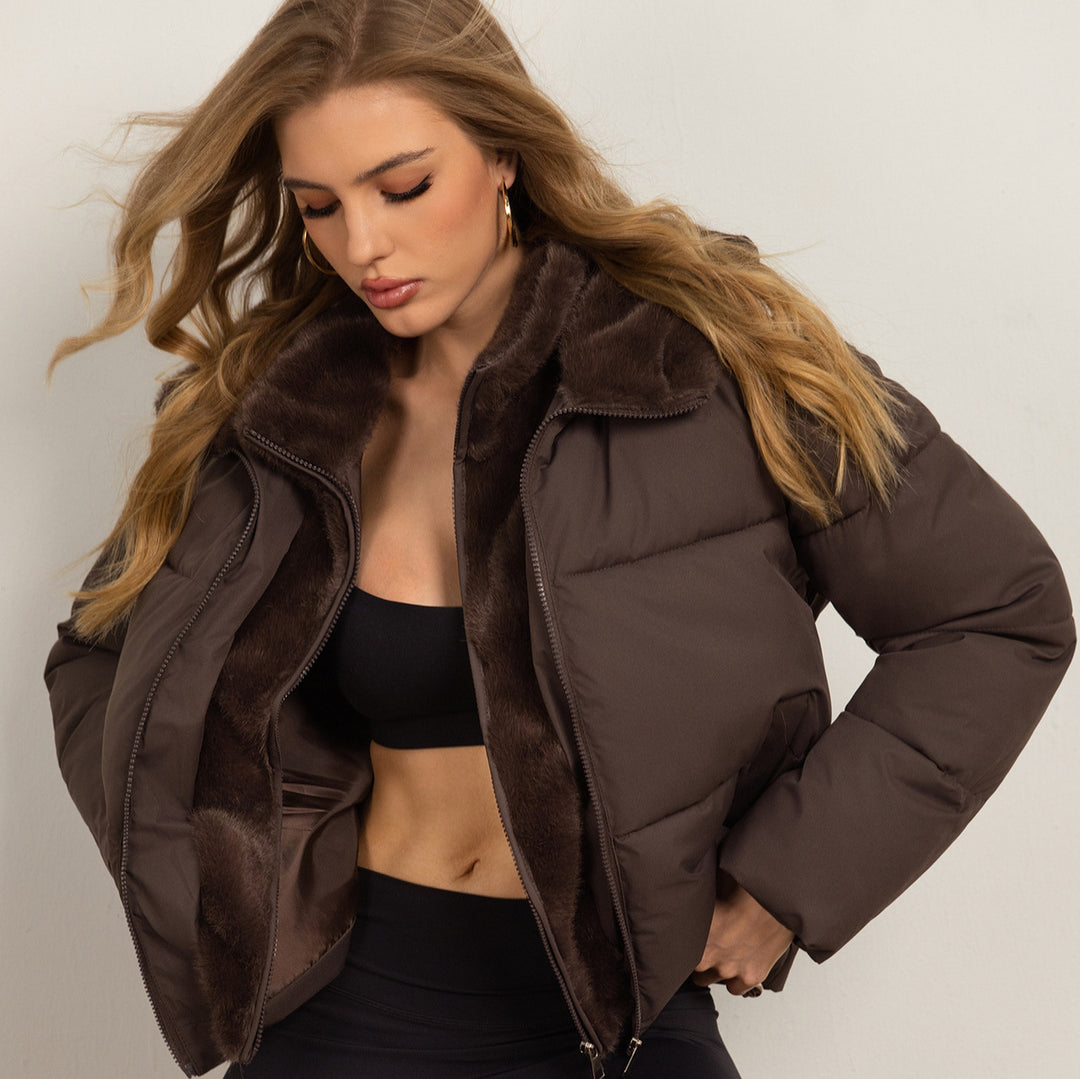 Damen Kurz geschnittene Pufferjacke mit kuscheliger Kunstfell‑Fütterung und hohem Kragen Drune