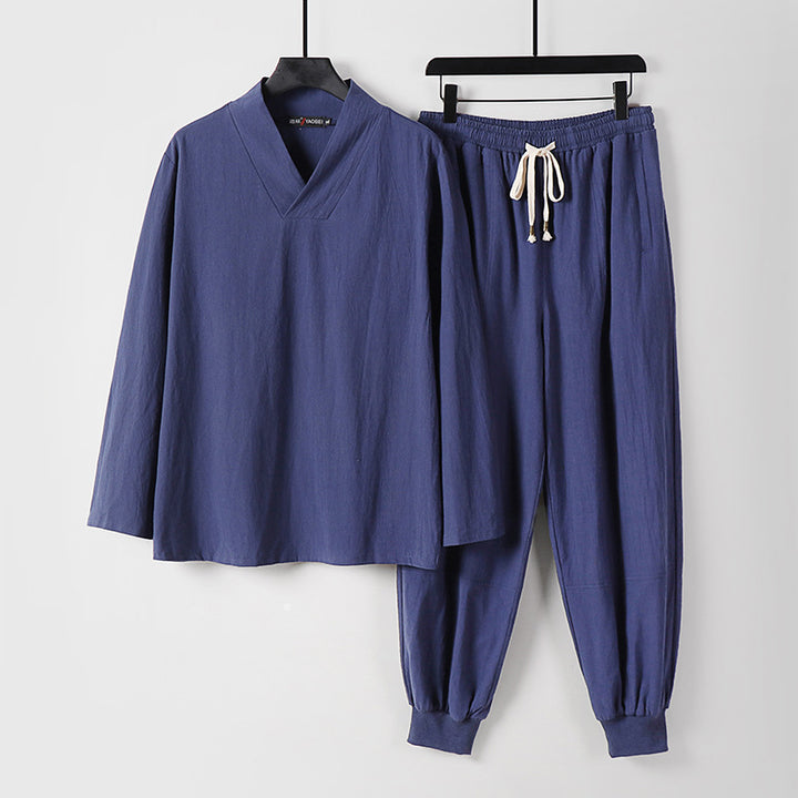 Herren Leichtes Kimono-Loungewear-Set aus Baumwollmix mit V‑Ausschnitt und elastischer Bündchenhose Drune