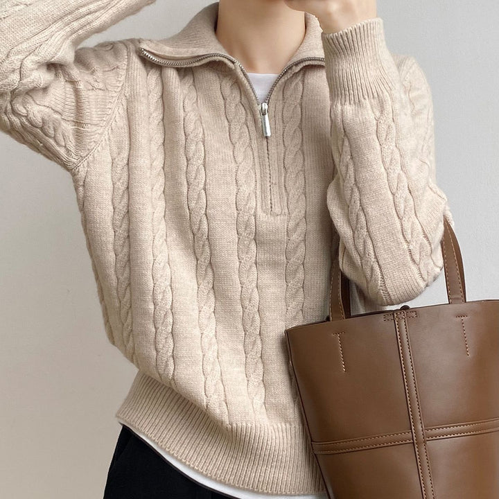 Damen Grobstrickpullover mit hochabschließendem Kragen und Zopfmuster Drune