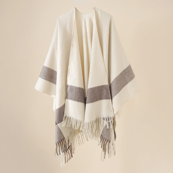 Damen Wollmix-Poncho mit Karomuster und Fransen Drune