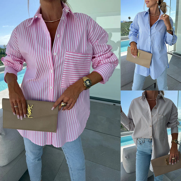 Damen Streifenbluse im lässigen Oversized-Stil mit Brusttasche Drune
