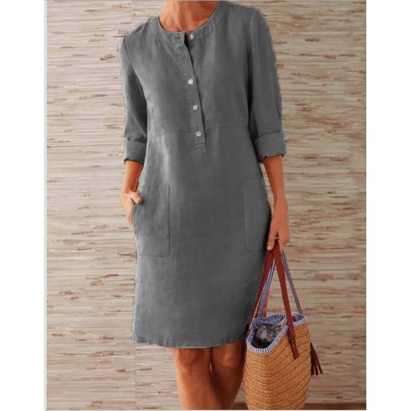 Damen Locker geschnittenes Leinenoptik-Kleid mit dreiviertel-Ärmeln, Knopfleiste und Eingrifftaschen Drune