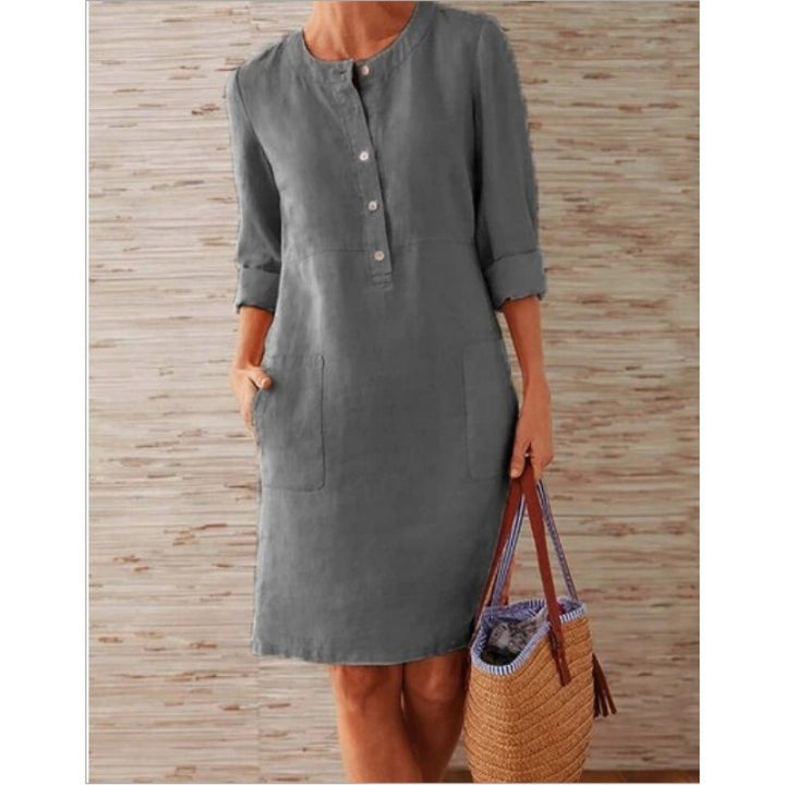 Damen Locker geschnittenes Leinenoptik-Kleid mit dreiviertel-Ärmeln, Knopfleiste und Eingrifftaschen Drune