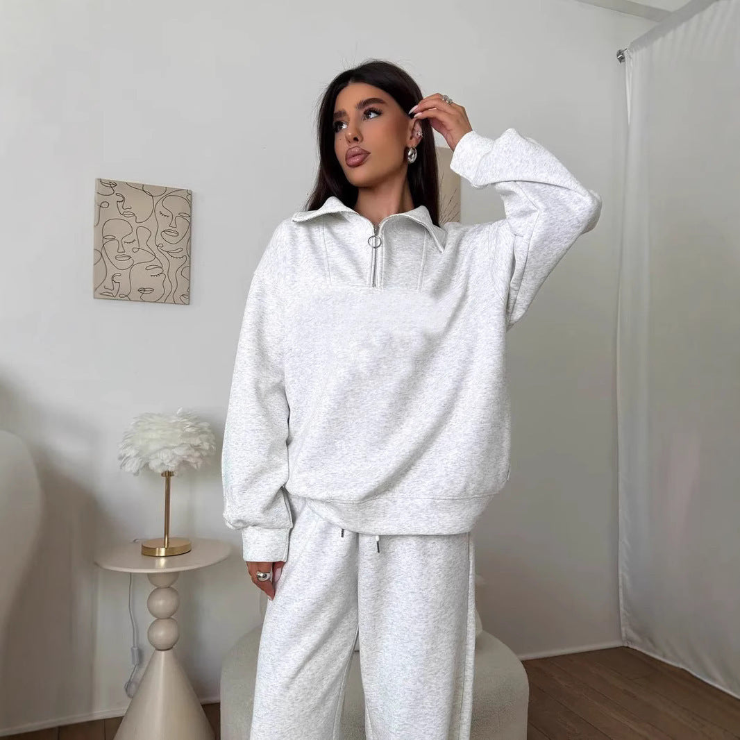 Damen lässiges Sweatset mit halbhohem Reißverschluss Kragen und weitem Jogger Drune