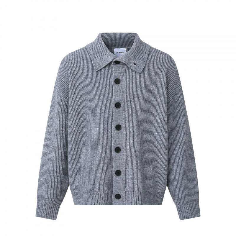 Unisex Boxy-Strickjacke mit Hemdkragen, gerippter Struktur und durchgehender Knopfleiste Drune