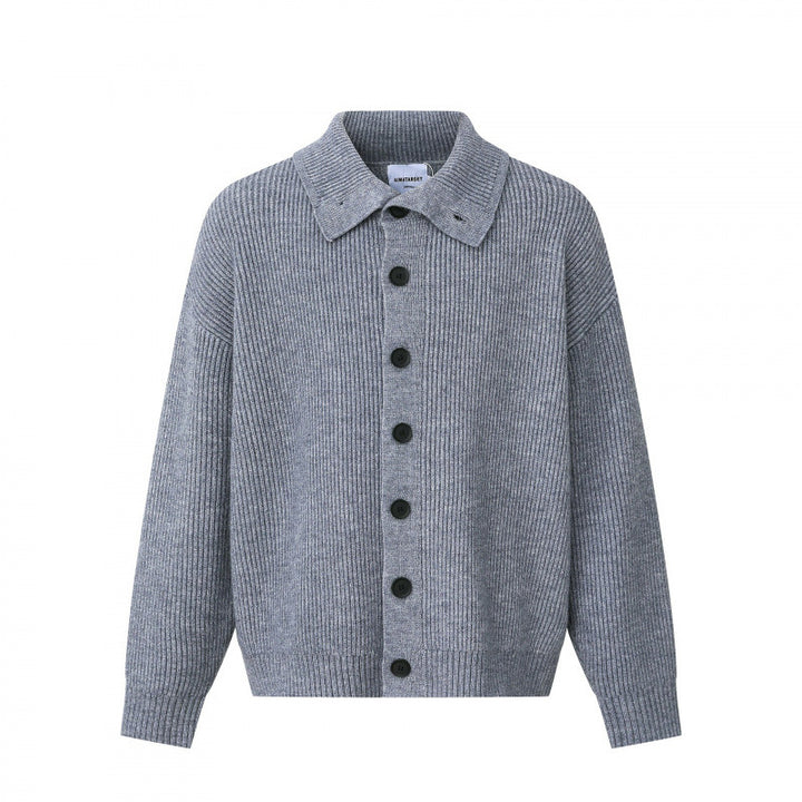 Unisex Boxy-Strickjacke mit Hemdkragen, gerippter Struktur und durchgehender Knopfleiste Drune