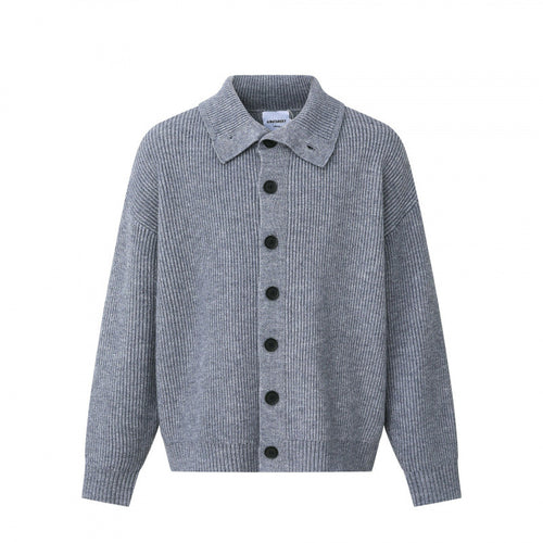 Unisex Boxy-Strickjacke mit Hemdkragen, gerippter Struktur und durchgehender Knopfleiste Drune