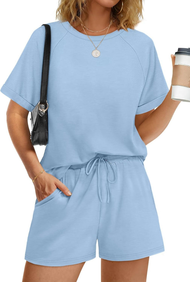 Damen lässiger Kombi aus T-Shirt und Shorts mit elastischem Bund Drune