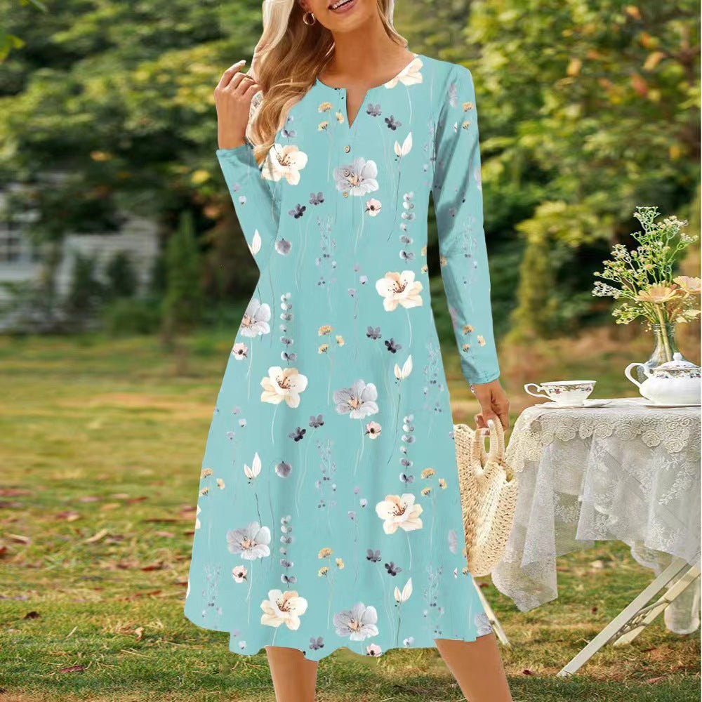 Damen Langarm Kleid mit floralem Design und durchgehender Knopfleiste Drune