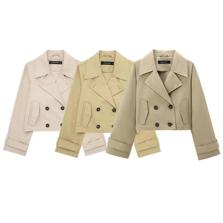 Damen nan kurze zweireihige Cropped Trenchjacke mit breitem Revers und verstellbaren Ärmelschnallen Drune