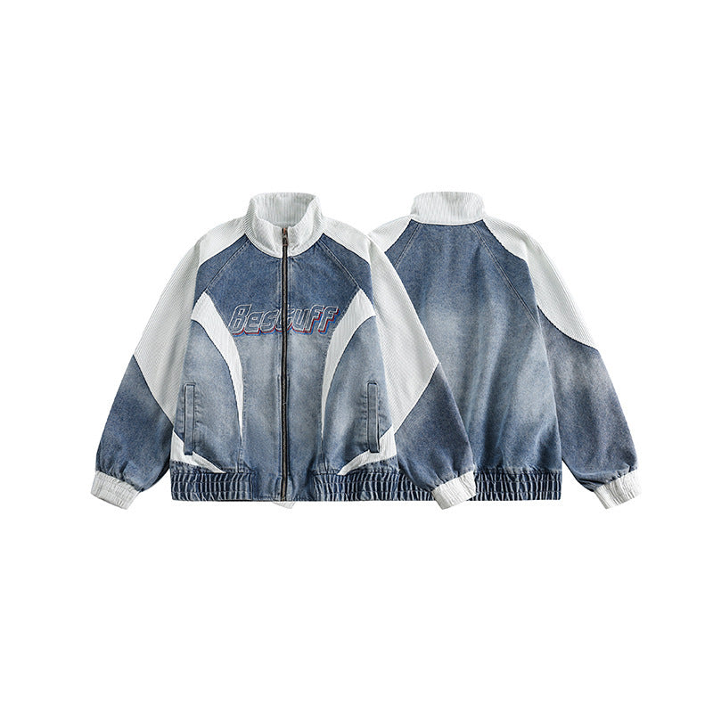Unisex Boxy-Jeansjacke im Patchwork-Look mit Stehkragen und Reißverschluss Drune