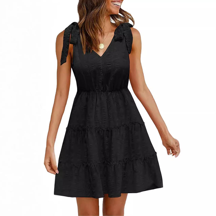 Damen ärmelloses Sommerkleid mit Rüschen und V-Ausschnitt Drune