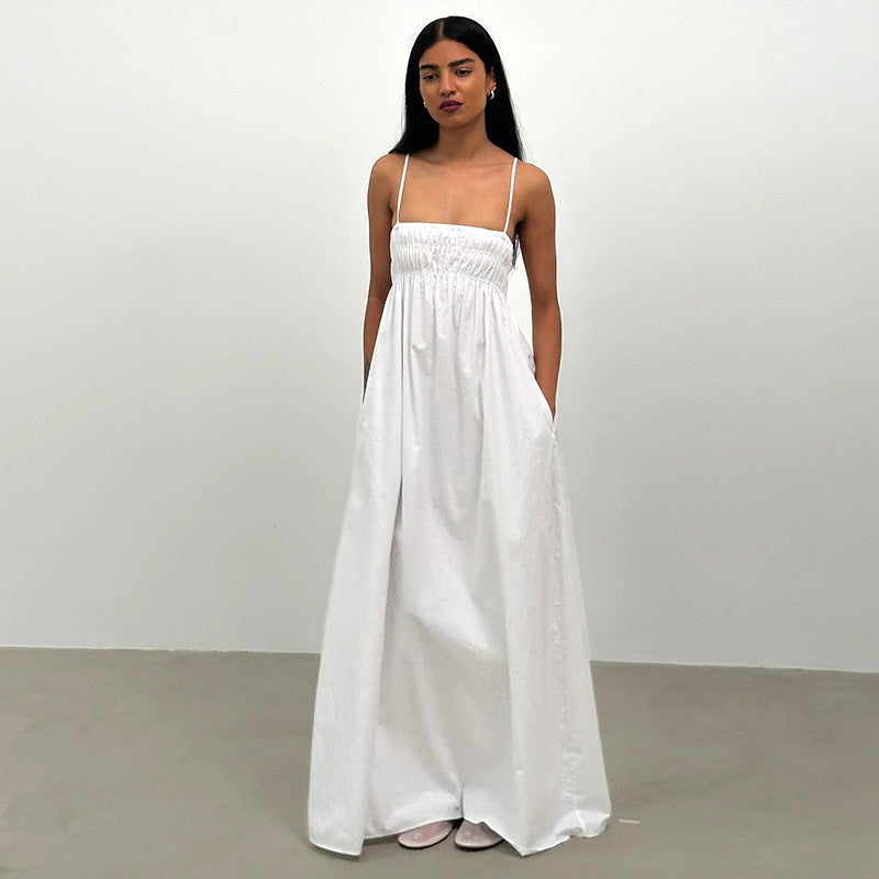 Damen luftiges Maxi-Kleid mit elastischem Oberteil und praktischen Taschen Drune