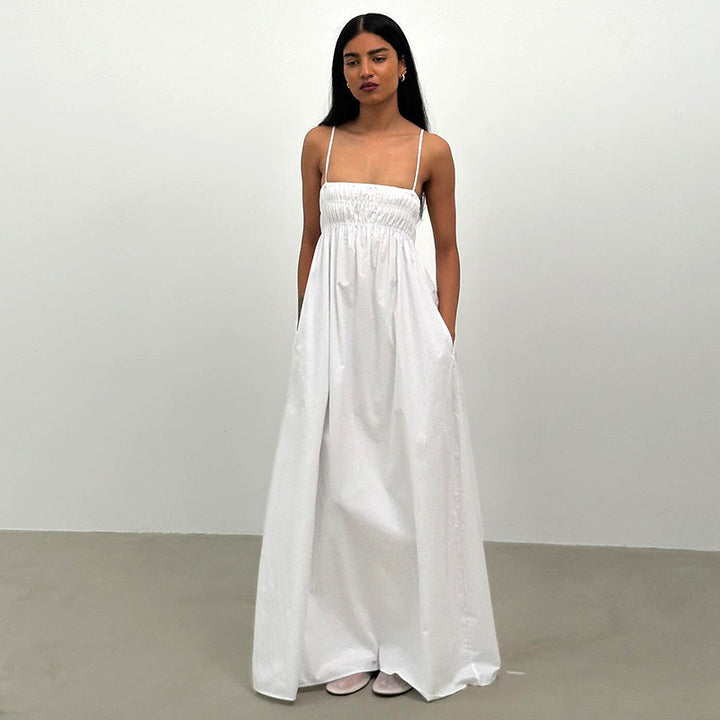 Damen luftiges Maxi-Kleid mit elastischem Oberteil und praktischen Taschen Drune