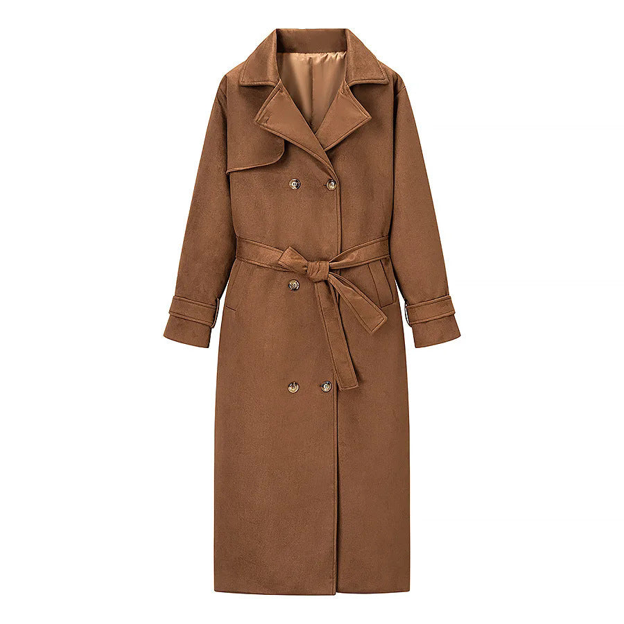 Damen nan langer Mantel im Trenchcoat Stil mit Doppelreiher Bindegürtel und Schalkragen Drune