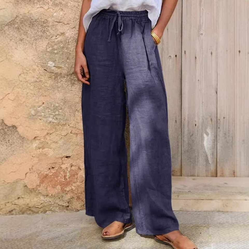 Damen Hochgeschnittene Leinenpalazzo-Hose mit Kordelzug und weitem Bein Drune
