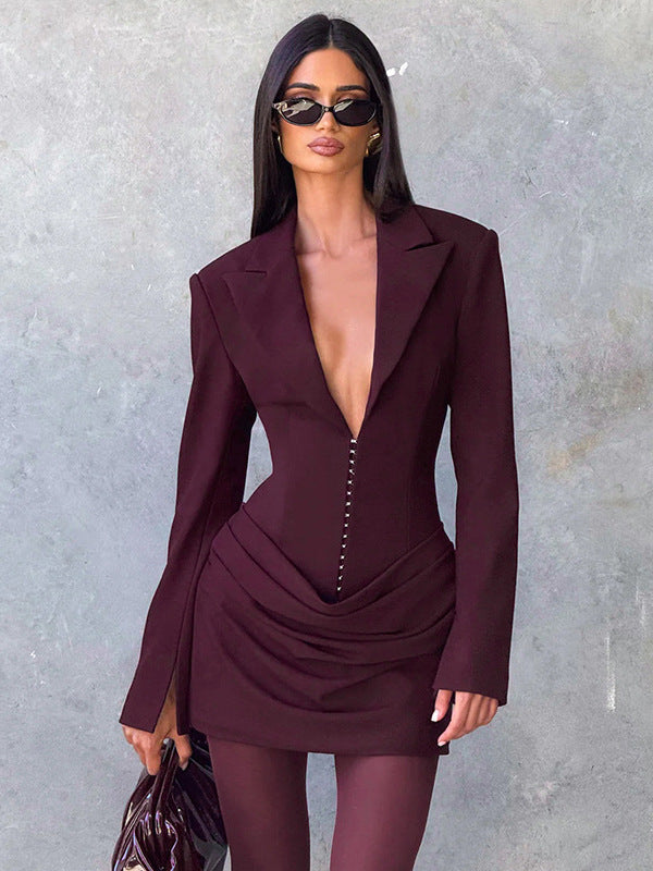 Damen Blazer-Minikleid mit tiefem V-Ausschnitt und eleganter Silhouette Drune