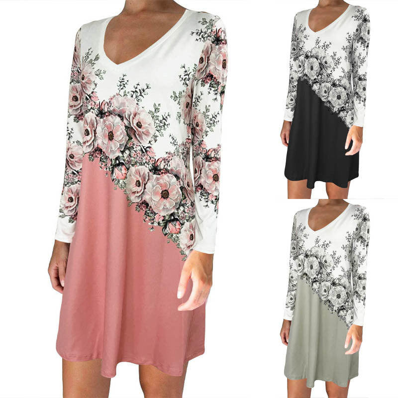 Damen Vokuhila-Kleid mit V-Ausschnitt, langen Ärmeln, floraler Diagonal-Print und seitlichem Schlitz Drune