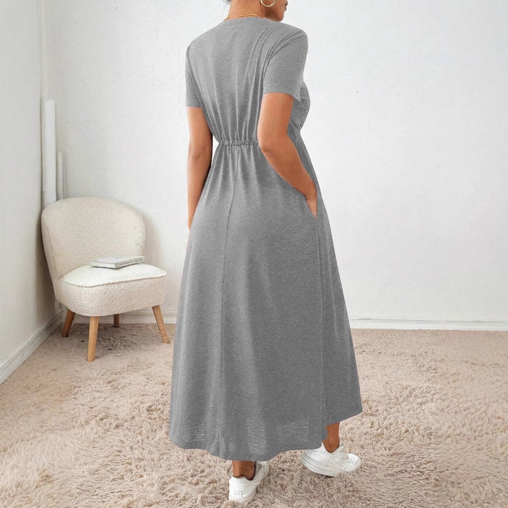 Damen lässiges Maxikleid mit elastischem Taillenbund und Rundhalsausschnitt Drune