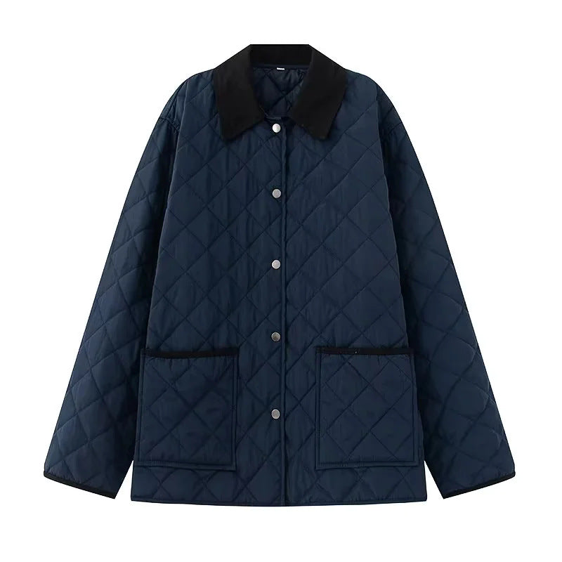 Damen nan kastige gesteppte Feldjacke im Quilt‑Look mit Cordkragen und großen Klapptaschen Drune