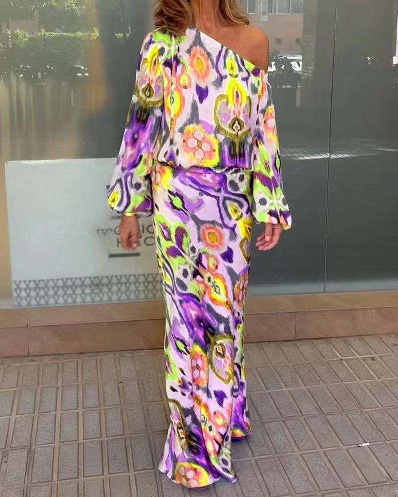 Damen Maxikleid mit asymmetrischer Ein-Schulter, fließendem Satin und Glockenärmeln Drune